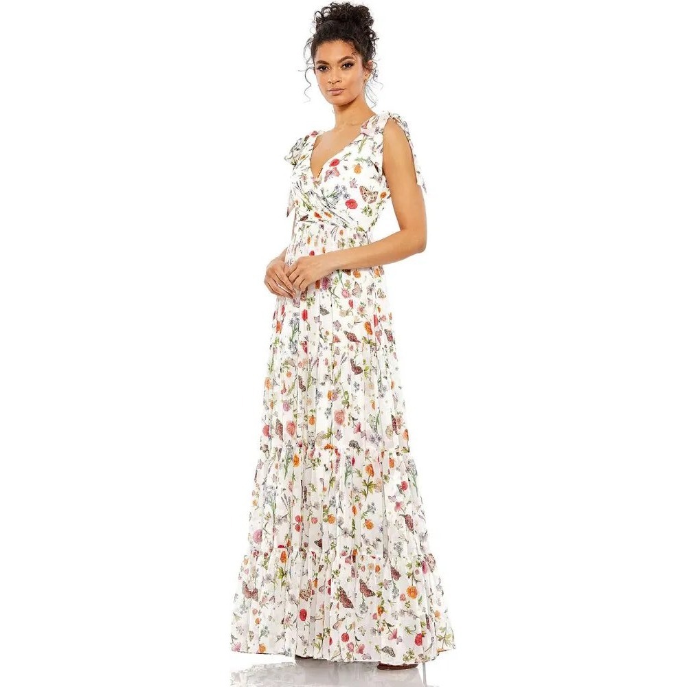 Mac Duggal Floral Butterfly Print Tiered Maxi Dress White V-Neck Tie Shoulder 4 - Picture 2 of 16